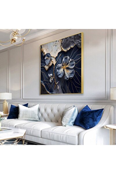 Markazip Lacivert Modern Çiçekler Altın Metal Çerçeveli Kanvas Tablo 90x90cm Kod: Ctn81-k
