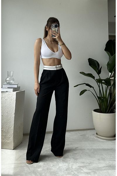 NET OF NOT High Waist Black Palazzo Trousers with Reverse Belt Detail