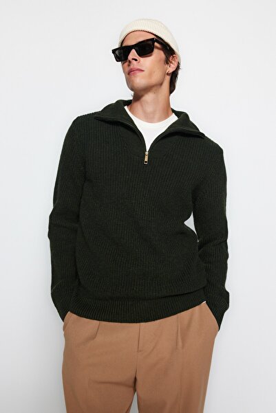 Trendyol Collection Turtleneck Khaki Knitwear Sweater - Regular Fit, Wool, Zippered Tmnaw22Kz0347