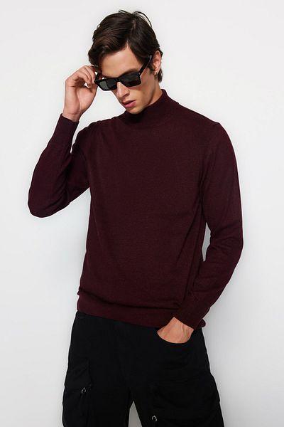 Trendyol Collection Burgunderroter Slim-Fit-Wollpullover mit halbem Rollkragen und Basic-Strickpullover TMNAW21KZ1595
