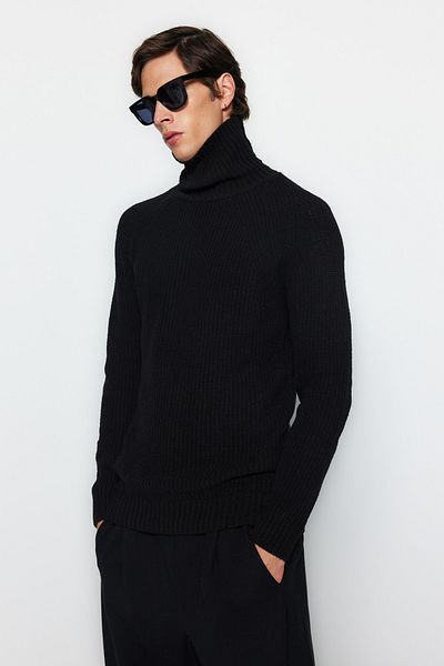 Trendyol Collection Μαύρο πλεκτό πουλόβερ με ζιβάγκο - λεπτή εφαρμογή, μαλλί, μανίκι Raglan TMNAW21KZ0404