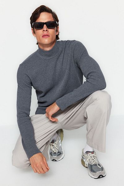 Trendyol Collection Πλεκτό πουλόβερ Unisex Dark Corded - Βαμβακερό, μισό ζιβάγκο, στενή εφαρμογή TMNAW21KZ0553