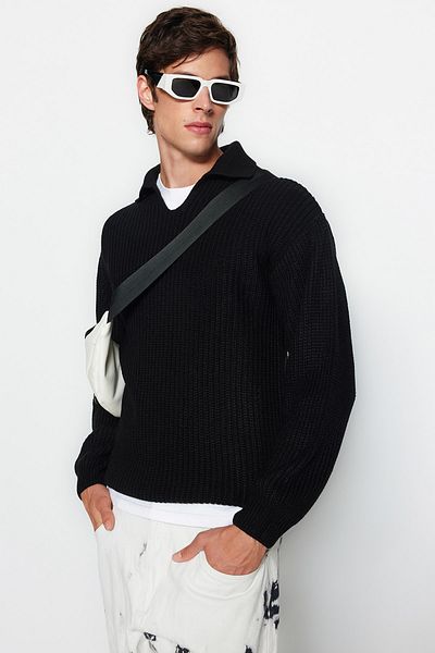 Trendyol Collection Унисекс черен трикотажен пуловер с поло яка - нормална кройка, без надраскване Tmnaw24Kz00008