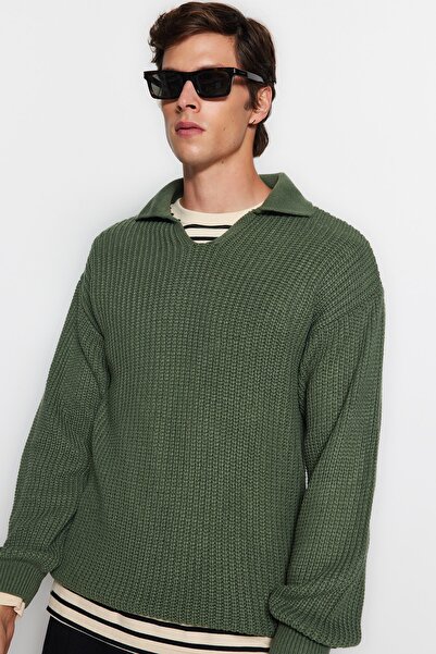 Trendyol Collection Πράσινο πλεκτό πουλόβερ με λαιμόκοψη Unisex Polo - Κανονική εφαρμογή, μη κοίλο TMNAW24KZ00008