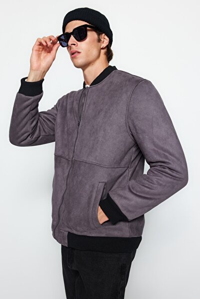 Trendyol Collection Suede Bomber Collar Jacket Coat - Anthracite, Regular Fit TMNAW24MO00029