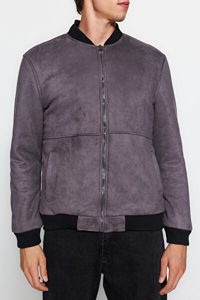 Trendyol Collection Suede Bomber Collar Jacket Coat - Anthracite, Regular Fit TMNAW24MO00029