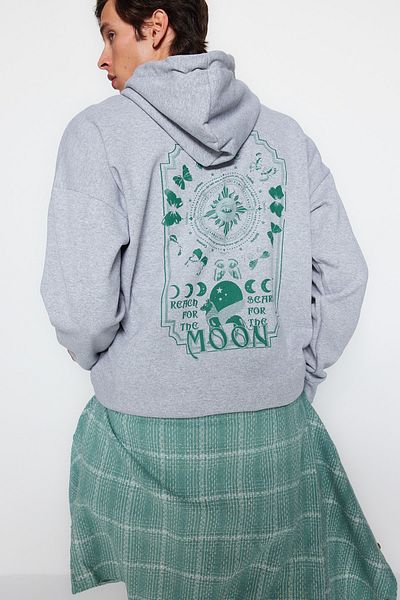 Trendyol Collection Φούτερ Space Pattern Γκρι Fleece - Oversize με κουκούλα, ζεστό TMNAW23sw00344