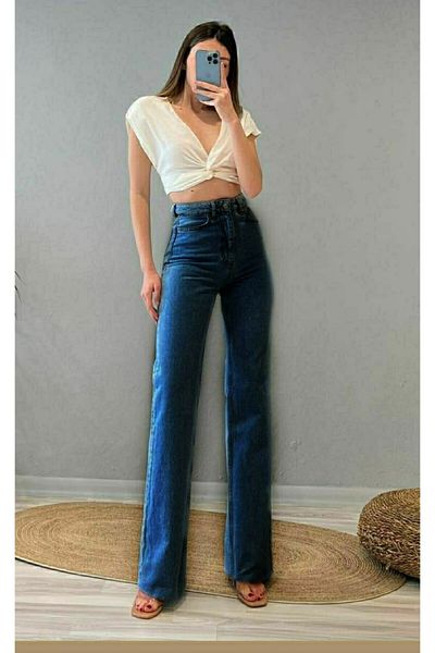 Trn JNS Pantaloni Palazzo cu blugi largi cu talie super înaltă din Lycra albastră din anii 90. (super Înalt) Picior Lat