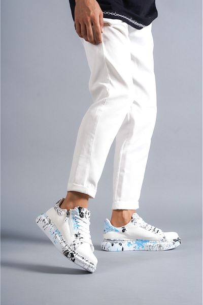 BZ Moda B02 BT Lace Up με φερμουάρ κροκόδειλος με μπλε εμπριμέ ορθοπεδική σόλα ανδρικά αθλητικά παπούτσια Λευκά