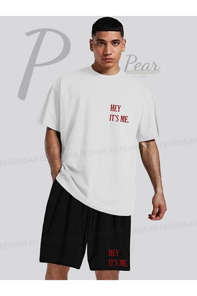 Pear Wear Hey Its Me Printed Oversize T-Shirt Regular Fit Shorts T-Shirt Shorts Double Set