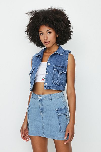 Select Moda Vestă de damă din denim albastru cu buzunar cu nasturi
