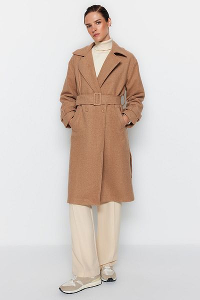 Trendyol Collection Nerzfarbener, übergroßer, weit geschnittener, langer Wollmantel mit Gürtel TWOAW22KB0015