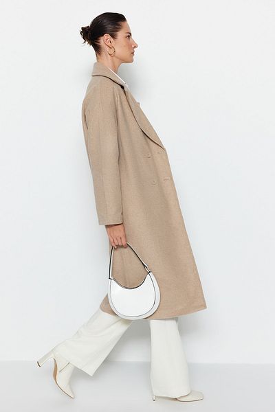 Trendyol Collection Steinfarbener, übergroßer, weit geschnittener, langer Wollmantel mit Stempelmuster TWOAW21KB0038