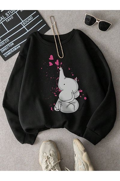 mercoledi Hanorac oversize negru unisex cu inimă de elefant cu imprimeu