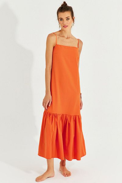 Cool & Sexy Women's Orange Skirt Flounced Strap Midi Dress MEN2001