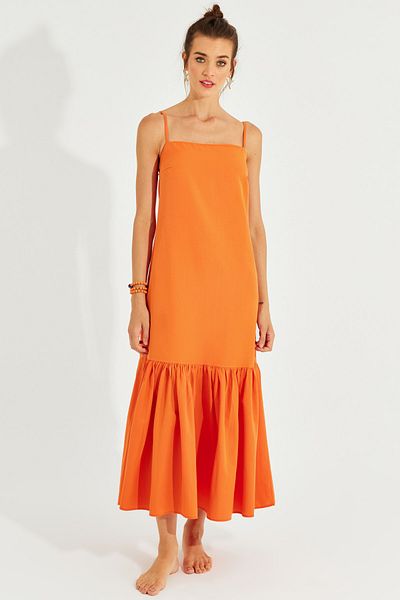 Cool & Sexy Women's Orange Skirt Flounced Strap Midi Dress MEN2001