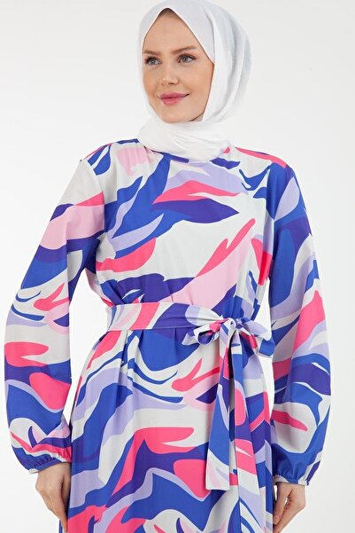 Armine Kadın Viscon Kumaşlı Belden Kuşaklı Çok Renkli Desenli Maxi Tesettür Elbise