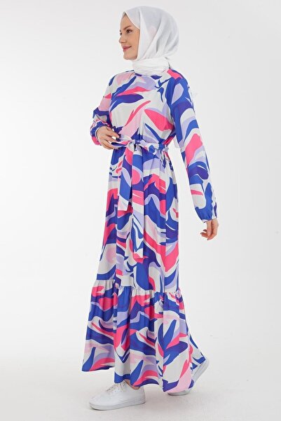 Armine Kadın Viscon Kumaşlı Belden Kuşaklı Çok Renkli Desenli Maxi Tesettür Elbise