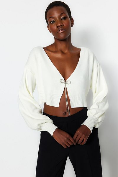 Trendyol Collection Ecru Super Crop Bow részletes kötöttáru kardigán - TWOAW24HI00315