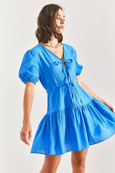 Bianco Lucci Rochie de damă cu mâneci elastice cu cravată în față