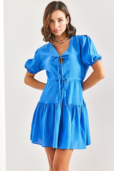 Bianco Lucci Rochie de damă cu mâneci elastice cu cravată în față