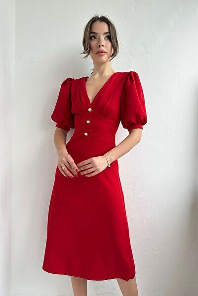Seda Yalçın Atelier Red Pearl Button Detail Dress