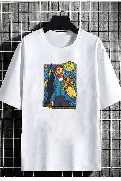DEEPSENCE Unisex White color Van Gogh Front Printed Oversize cotton T-shirt