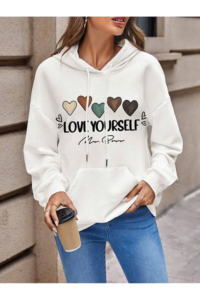 mercoledi Hanorac oversize cu glugă albă unisex cu imprimeu LOVE YOURSELF cu 5 inimi