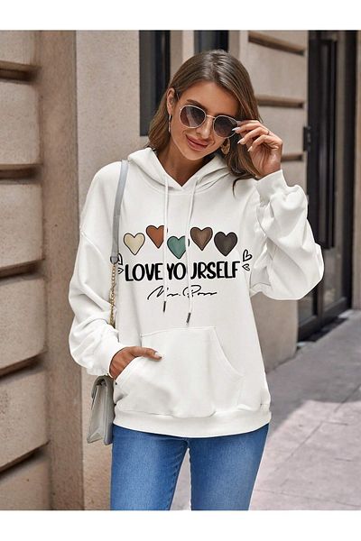mercoledi Hanorac oversize cu glugă albă unisex cu imprimeu LOVE YOURSELF cu 5 inimi