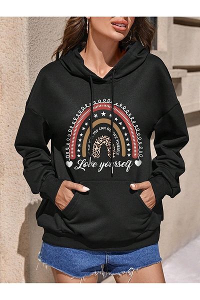mercoledi Love Yourself Printed unisex negru cu glugă oversize hanorac