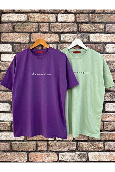 ORLONTEX Ανδρικό μπλουζάκι με λαιμόκοψη 2 τεμαχίων μωβ-πράσινο με στάμπα Dreamer