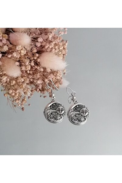 TAKIDAN Ay Ve Güneş Antik Gümüş Renk Pirinç Küpe