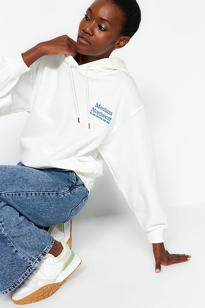 Trendyol Collection Ecru Regular Slogan Embroidered Hooded Thick Knitted Sweatshirt TWOAW24SW00027