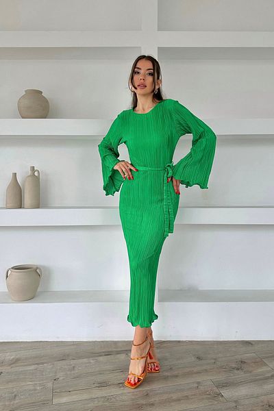 Seda Yalçın Atelier Grass Green Spanish Sleeve Pleated Belted Dress