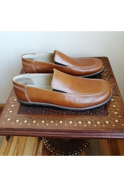Butik Tülin Men's genuine leather tan soft comfortable with elastic sides genuine rubber non-slip sole loafer shoes