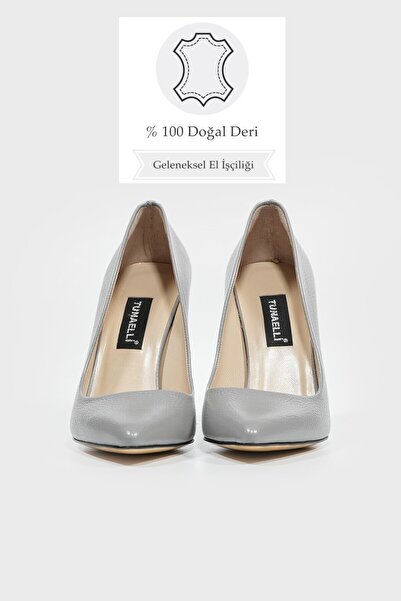 TUNAELLİ KADIN GRİ HAKİKİ DERİ 35-40 NUMARA TOPUKLU STİLETTO AYAKKABI