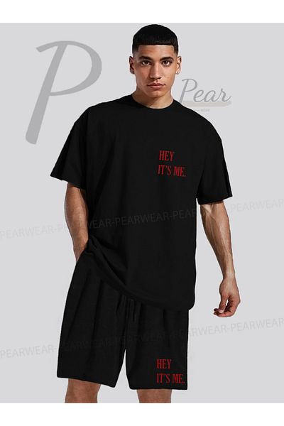 Pear Wear Hey Its Me Printed Oversize T-Shirt Regular Fit Shorts T-Shirt Shorts Double Set