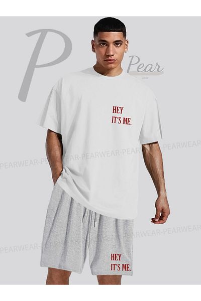 Pear Wear Hey Its Me Printed Oversize T-Shirt Regular Fit Shorts T-Shirt Shorts Double Set