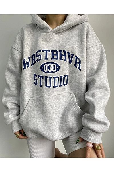 AMMA Φούτερ Unisex Grey Wrstbhva με στάμπα με κουκούλα oversize