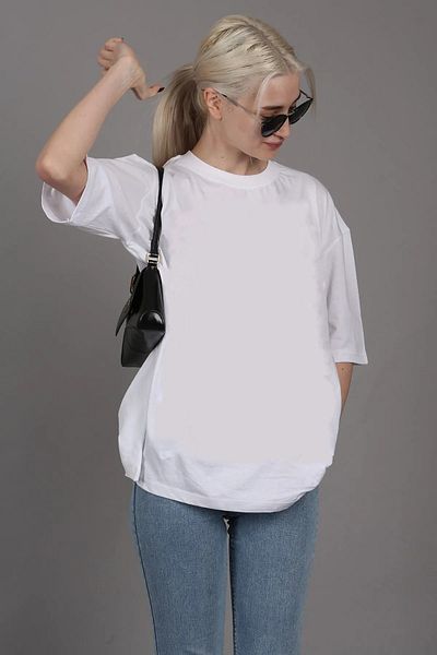 Pasage Unisex Λευκό Oversize Βαμβακερό T-Shirt - Crew Neck