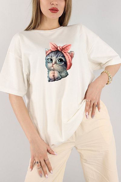 Pasage Πλεκτό μπλουζάκι υπερμεγέθη εκρού Unisex Cute Little Cat Printed Cotton Crew Neck Boyfriend