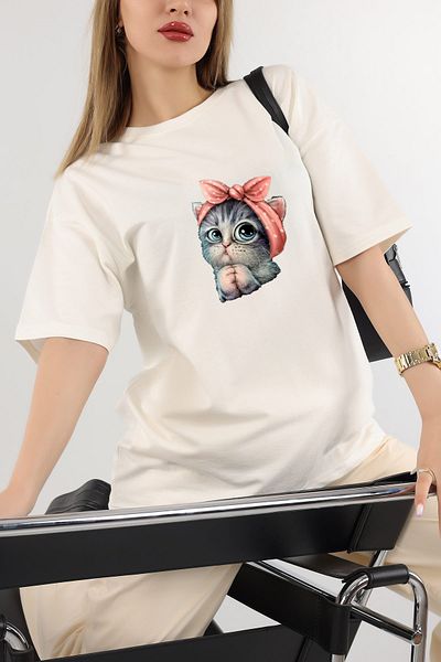 Pasage Πλεκτό μπλουζάκι υπερμεγέθη εκρού Unisex Cute Little Cat Printed Cotton Crew Neck Boyfriend