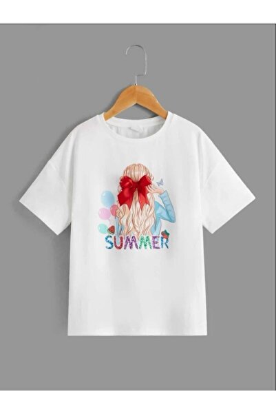 Revasser KİDS Kız Çocuk Oversize Beyaz Renkli Summer Yazısı Baskılı Tshirt re...