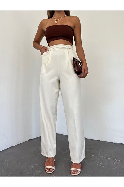 LB Laluna Butik Women's Belt Detailed High Waist Carrot Cut Fabric Trousers