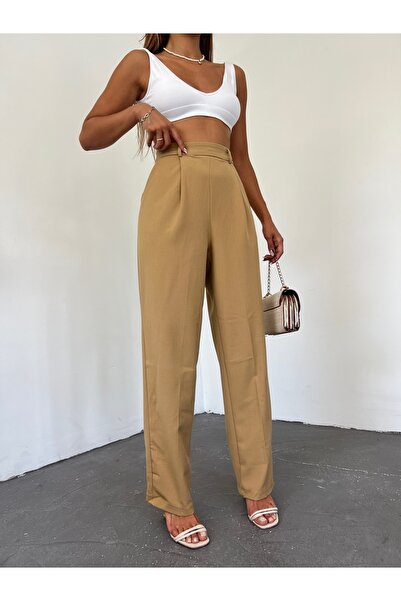 LB Laluna Butik Γυναικείο υφασμάτινο παντελόνι με λεπτομέρεια ψηλόμεσο καρότο