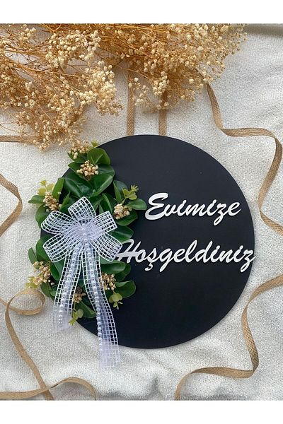 HOBİ55 Στολίδι πόρτας Καλώς ήρθατε στο σπίτι μας Ξύλινο φύλλο ευκαλύπτου μαύρο δώρο 23-22