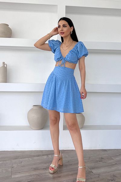 Seda Yalçın Atelier Blue Scalloped Tie Bustier Skirt Set