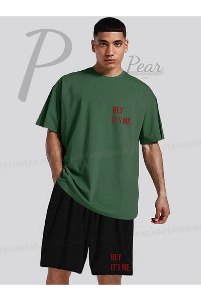 Pear Wear Hey Its Me Printed Oversize T-Shirt Regular Fit Shorts T-Shirt Shorts Double Set