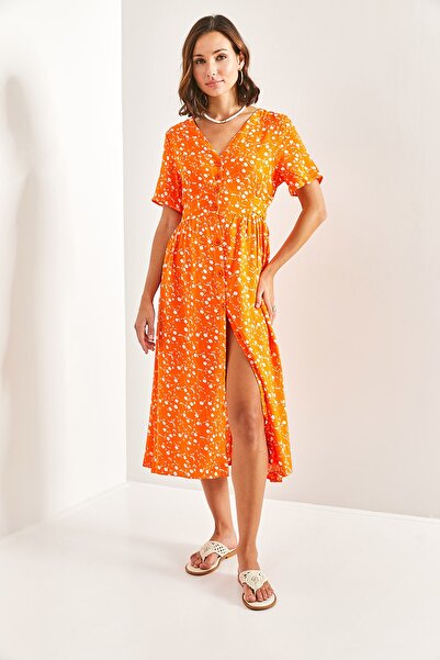 Bianco Lucci Γυναικείο φόρεμα με λουλουδάτο σχέδιο στη μέση με κουμπιά μπροστά