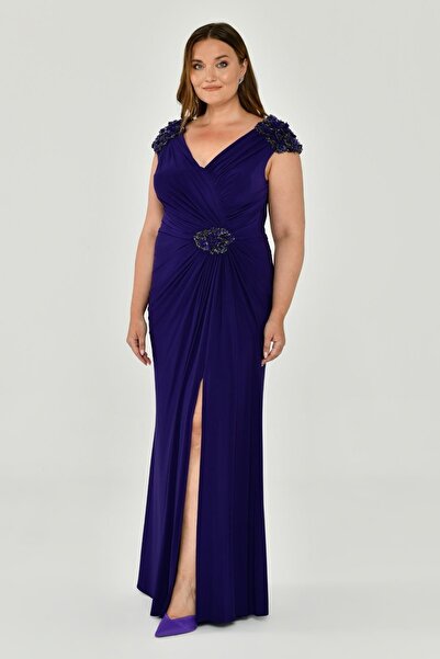 ALFABETA Kadın Yırtmaçlı V Yaka Kolsuz Uzun Mor Abiye & Mezuniyet Elbisesi AB5529-MOR